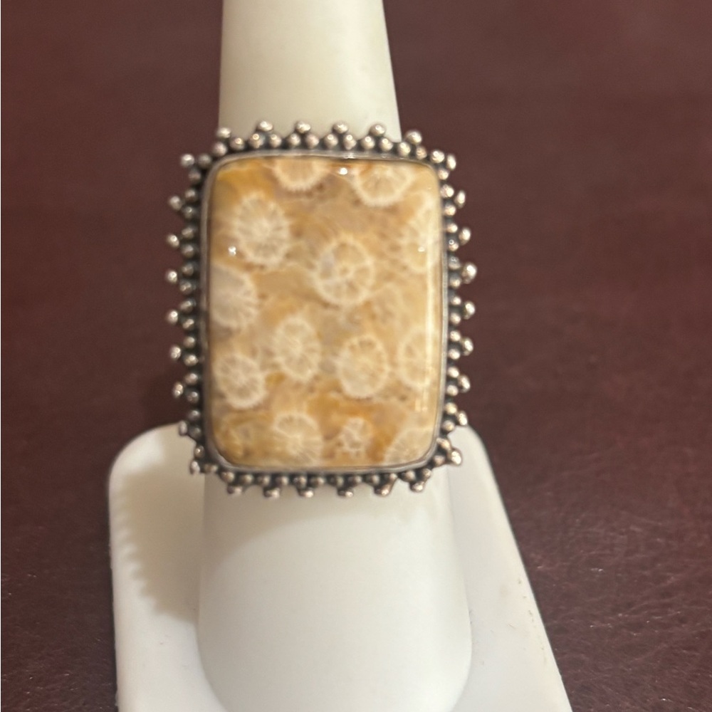 Fossil coral and sterling ring